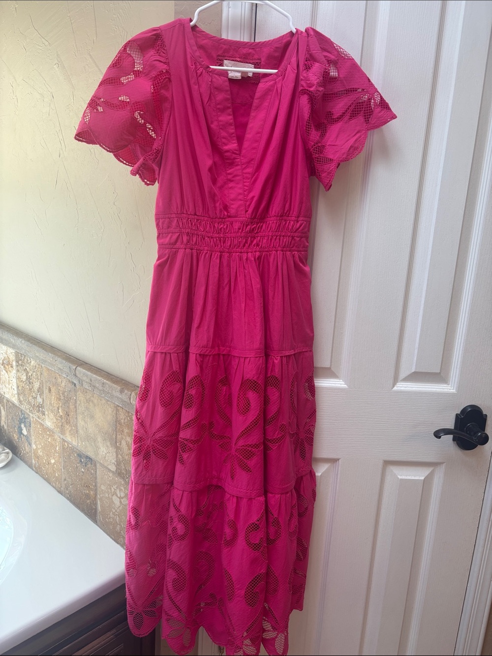 Anthropologie Fuchsia Eyelet-Trim Midi Dress